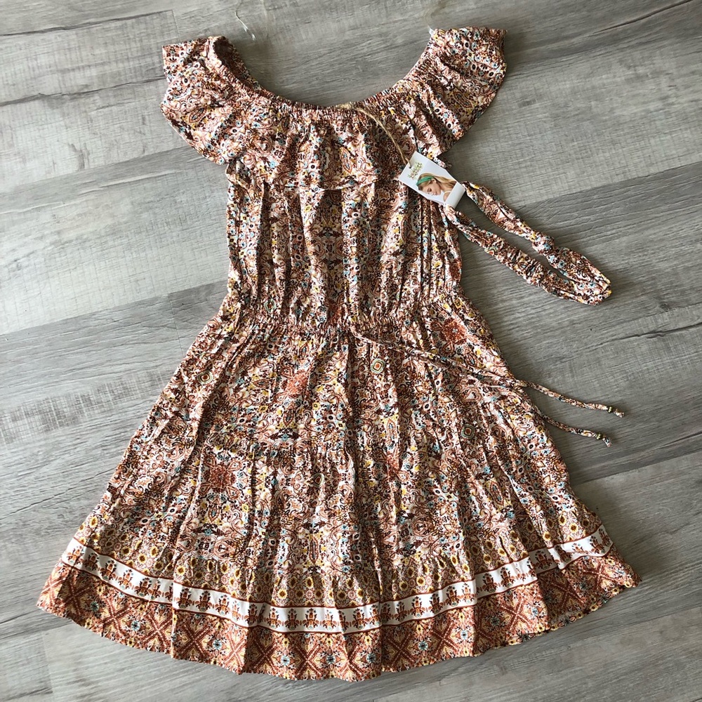 Bebop Girls Boho Floral Ruffle Dress - Pink/Tan